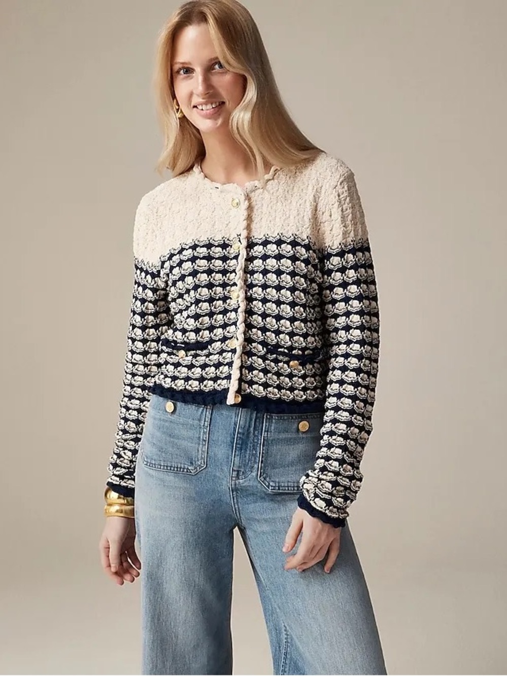 New J.Crew Textured Crochet lady jacket cardigan, cream navy gold tone buttons